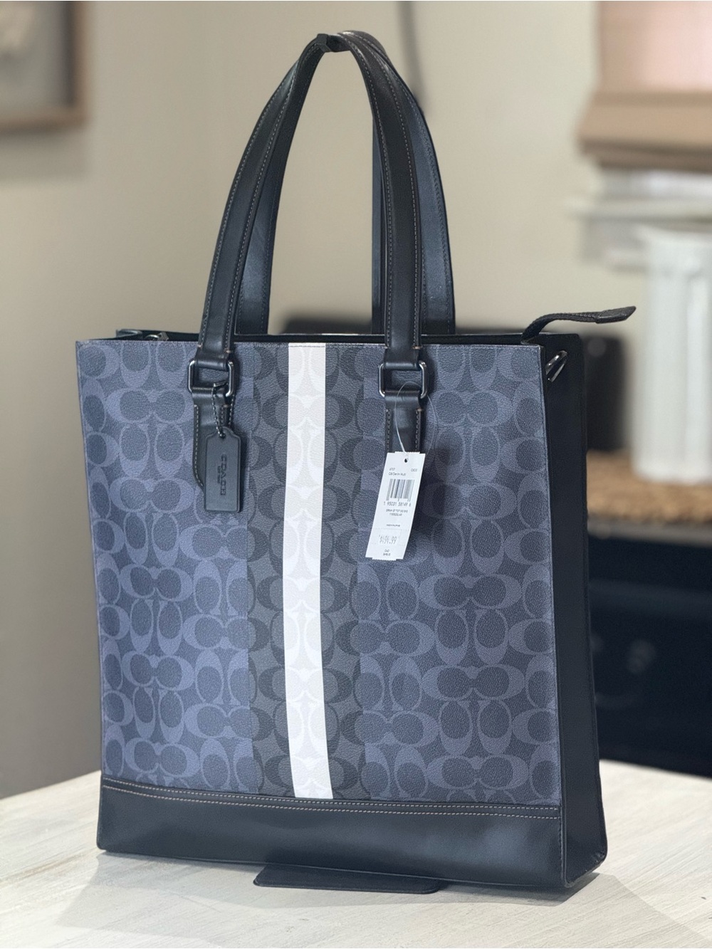 Coach Men’s Graham Signature Stripe Crossbody Tote Bag in Charcoal/Blue/White